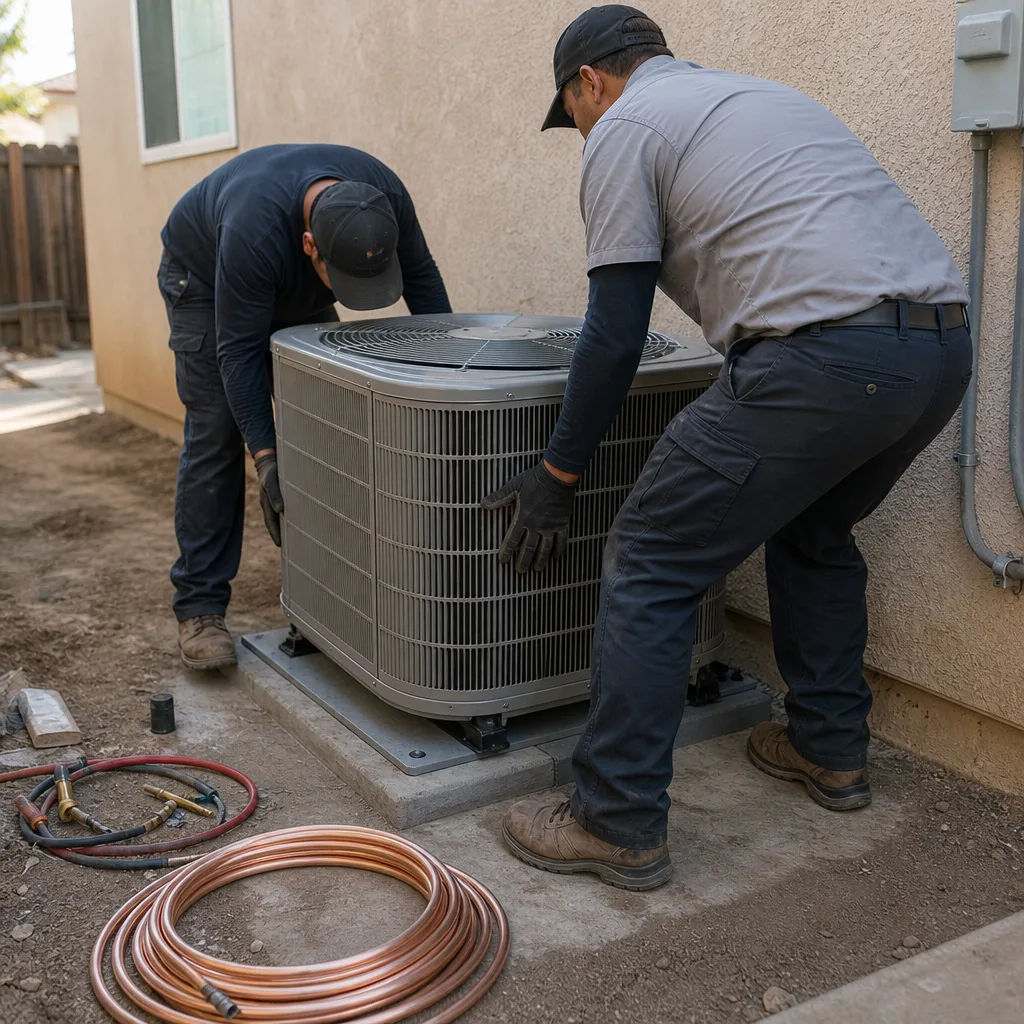 Two HVAC technicians installing a residential air conditioning unit outside