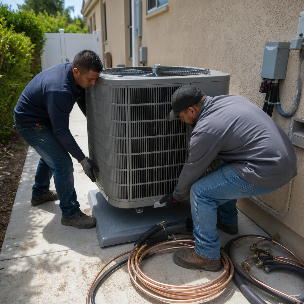 Two HVAC technicians performing a professional AC installation outdoors