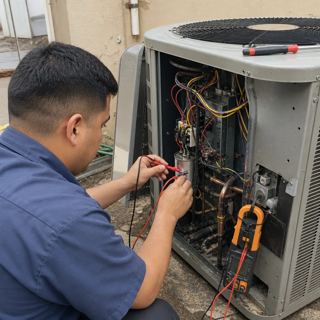 HVAC technician testing an outdoor air conditioning unit with a multimeter