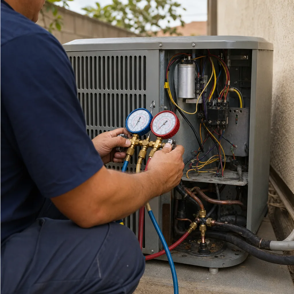 HVAC technician using manifold gauges to service an outdoor AC unit