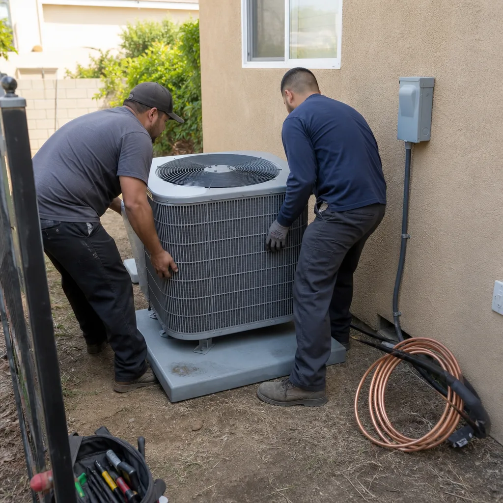 Two professional HVAC technicians installing an outdoor residential air conditioning unit.