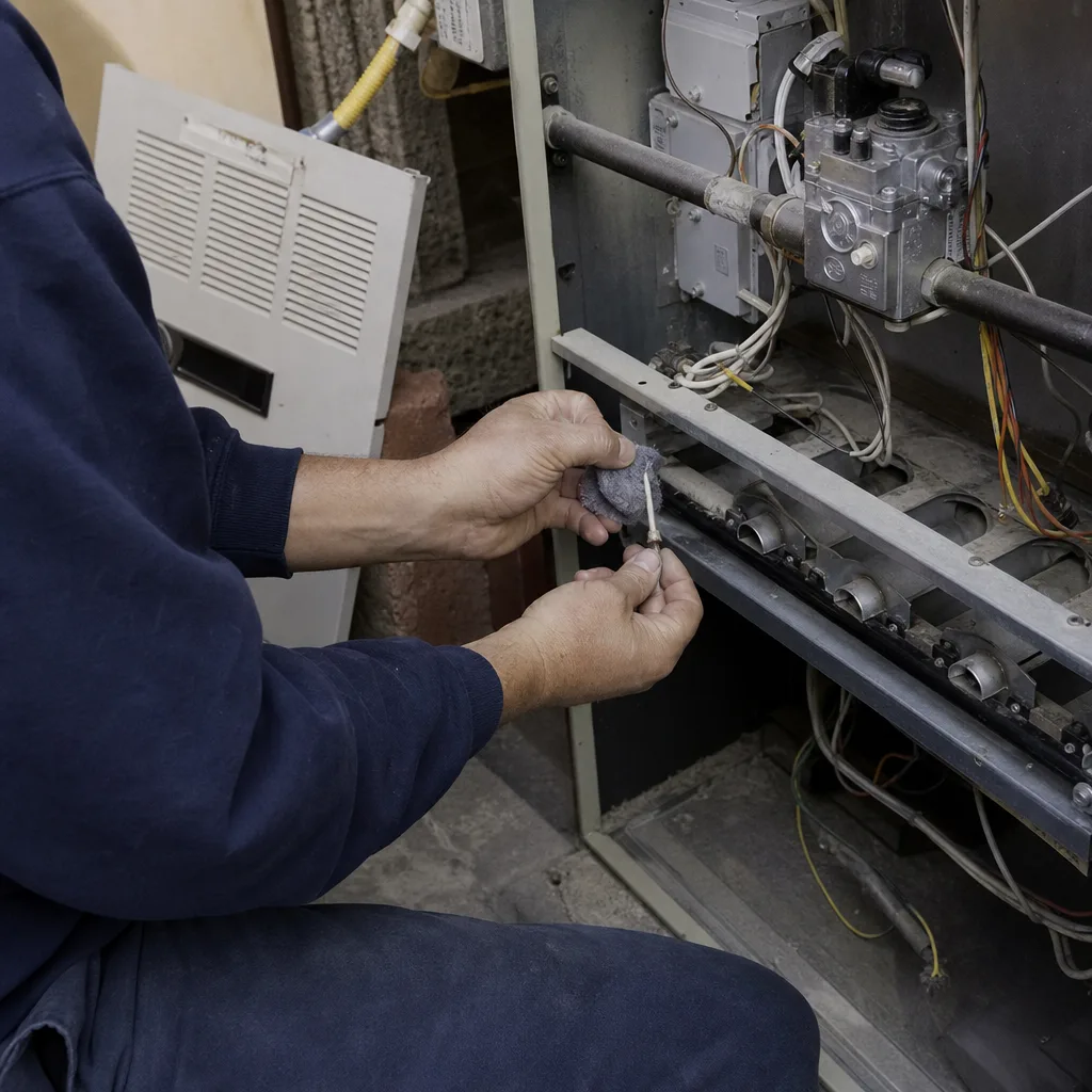 HVAC technician performing professional furnace repair and maintenance service